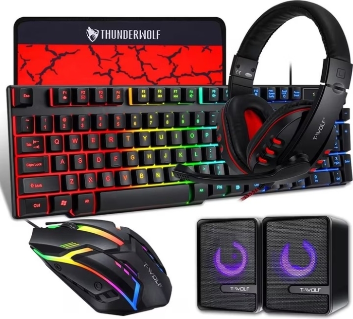 5in1 Gaming Combo Kit mit Maus / Headset / Mauspad / Lautsprecher/ Tastatur mit RGB Hintergrundbeleuchtung QWERTY - Schwarz
